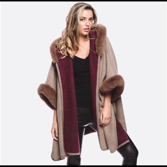 my jessy Sweaters - 1 LEFT Faux Fur hood poncho wrap coat tan burgundy